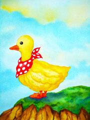 yellow little duck red scarf cartoon drawing watercolor painting illustration design