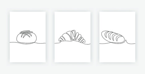 Continuous one line drawing of French baguette croissant and round loaf bread. Modern poster of bakery products isolated on white, bakeshop and cafe theme for logo. Vector illustration