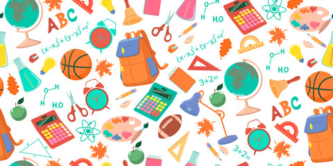 Seamless pattern with school objects. Vector graphics.