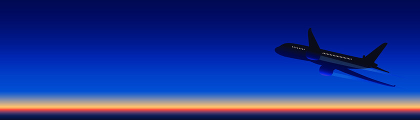 Silhouette of an airplane flying against the background of the sunset sky. Vector image.