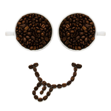 Image of a smiley face from the eyes of cups with a smile with a tongue made of many coffee beans