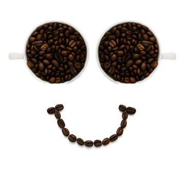 Image of a smiley face from the eyes of cups with a smile made of many coffee beans