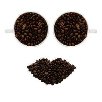 An image of a smiley face from the eyes of cups with plump lips and from a variety of coffee beans