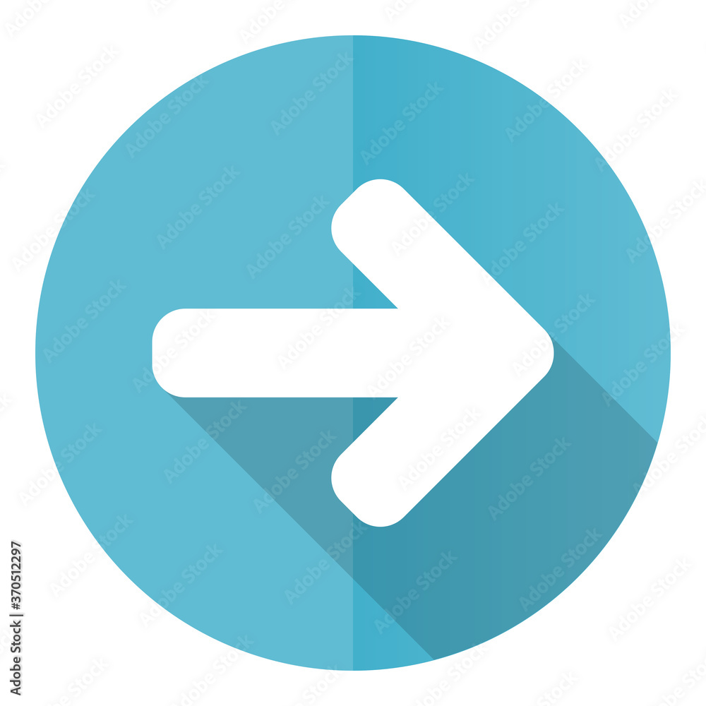 Poster Right arrow vector icon, next flat design blue round web button isolated on white background