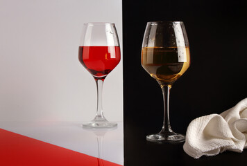 Two glasses of wine on a glossy table and a black-and-white background