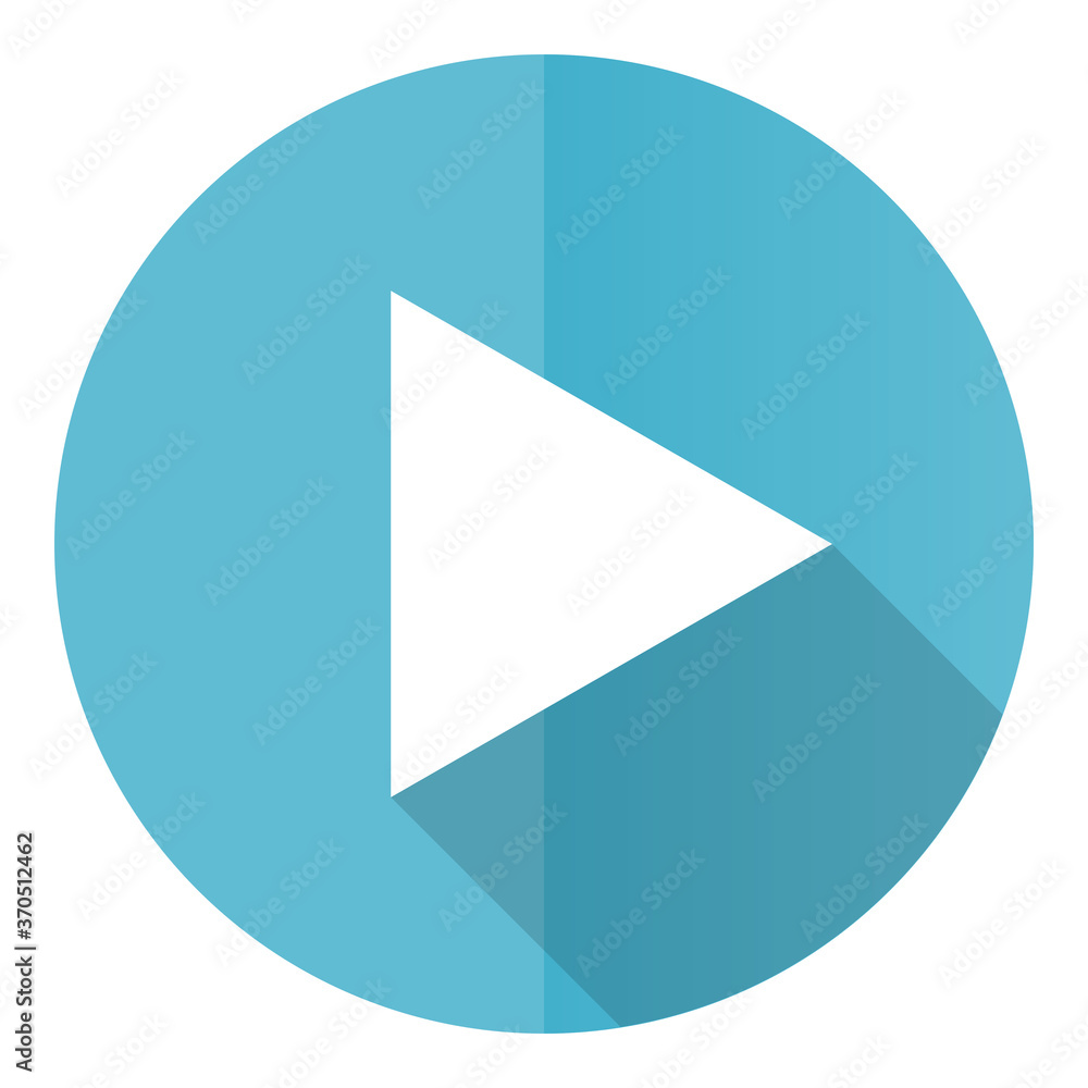 Poster play vector icon, flat design blue round web button isolated on white background