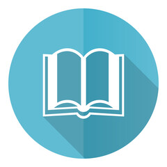 Book vector icon, flat design blue round web button isolated on white background