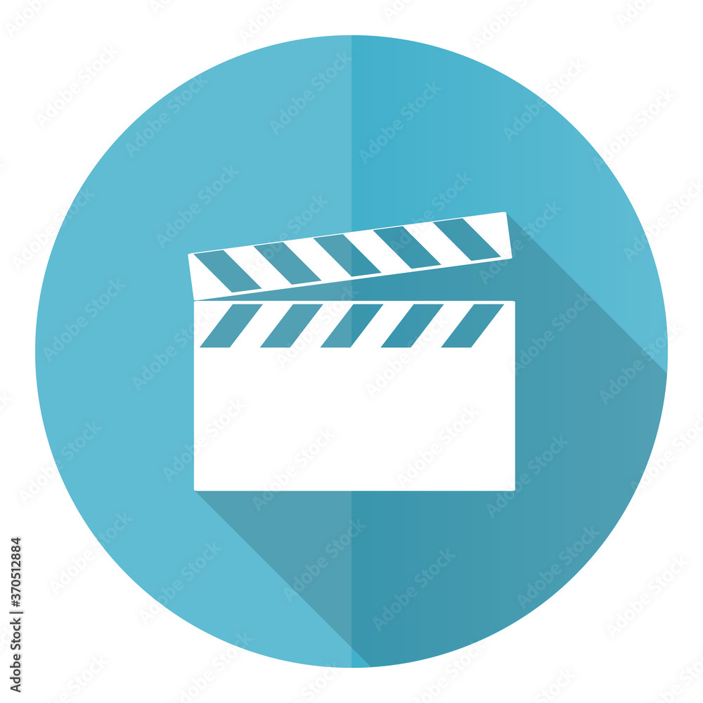 Poster video vector icon, flat design blue round web button isolated on white background