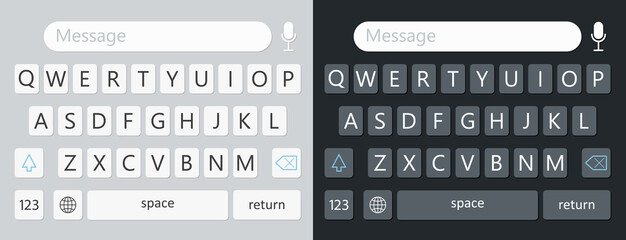 Keyboard for smartphone. Alphabet on keypad for mobile. UI with qwerty on screen. Interface pad in phone with buttons for text, message, chat, sms. Icon and template with wireframe for app. Vector © Wise ant