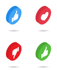 Like isometric icon. Button with heart, thumb, dislike. 3d logo for social media with love, awesome, up, positive emoticon. Symbol of hand ok, good emoji. Signs for notification, rate, vote. Vector.