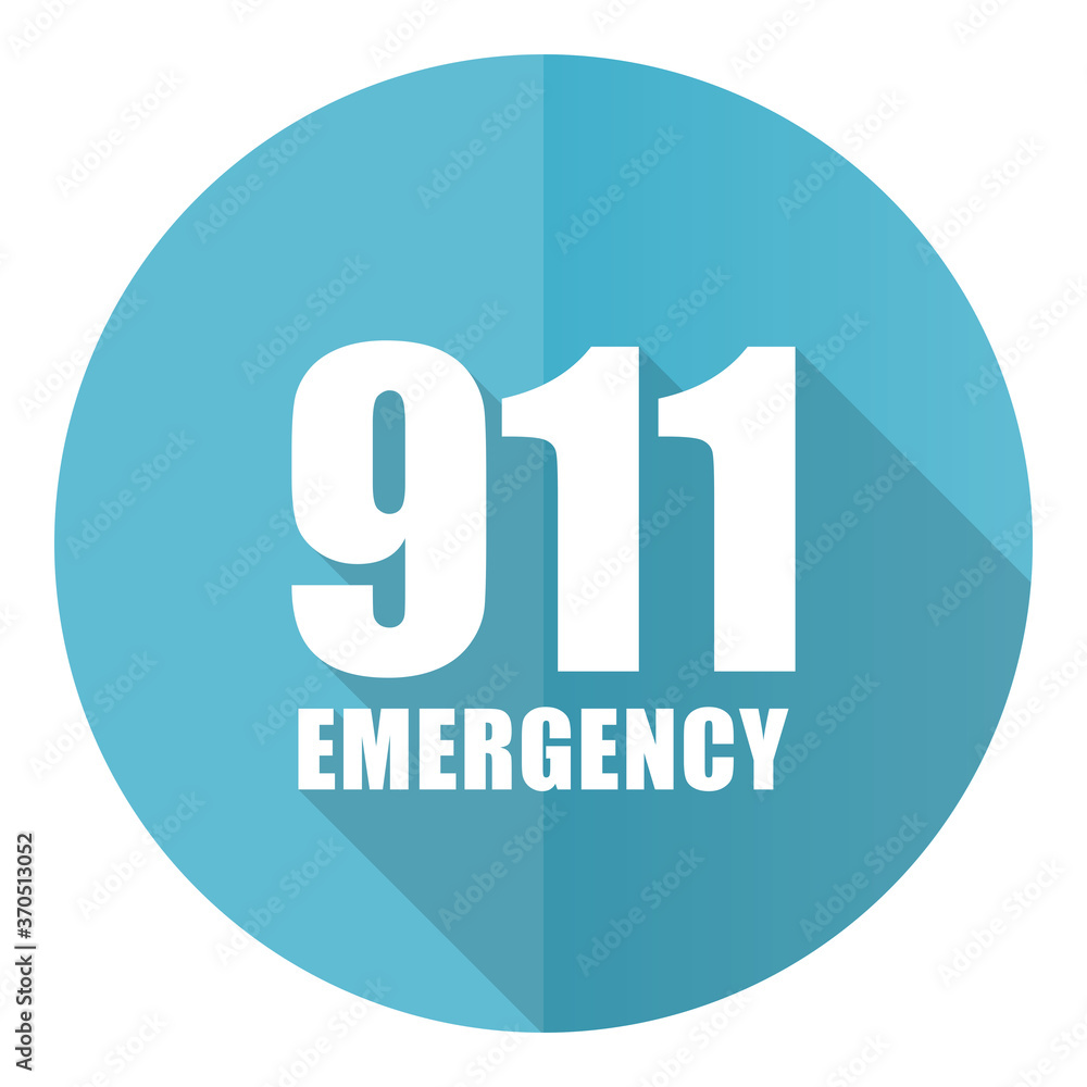 Poster number emergency 911 vector icon, flat design blue round web button isolated on white background