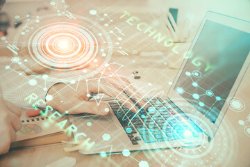 Businessman working on Laptop with technology theme drawing. Concept of big data. Double exposure.