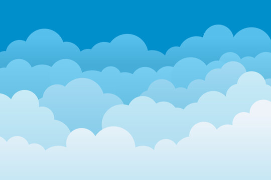 Cloud background. Sky cartoon pattern. Abstract blue heaven with layers for wallpaper. White clouds with borders. Gradient banner of nature, weather, cloudscape. Light template for backdrop. Vector.