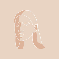 Minimalist line drawing. Smooth lines and abstract shapes. Portrait of a girl in a modern style, fashion model. Asian, oriental appearance. Vector illustration for spa salon, beauty industry, blog.