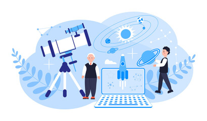 Astronomer or astrologer concept vector. Online conference, remote or distance education for web, app, banner. Scientists explore the starry sky in Observatory.