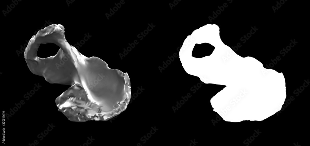 Poster a collection of black metal sculptures on a black background for your design ideas. 3d rendering of 