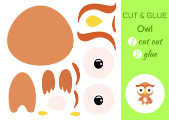 Cut and glue baby owl. Education developing worksheet. Color paper game for preschool children. Cut parts of image and glue on paper. Cartoon character. Colorful vector stock illustration.