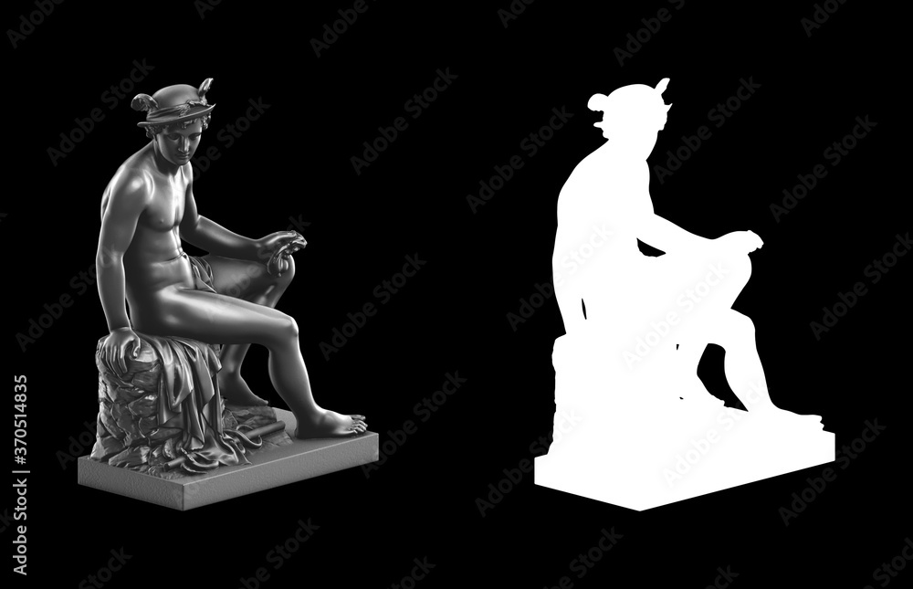 Poster a collection of black metal sculptures on a black background for your design ideas. 3d rendering of 
