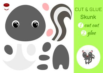 Cut and glue baby skunk. Education developing worksheet. Color paper game for preschool children. Cut parts of image and glue on paper. Cartoon character. Colorful vector stock illustration.