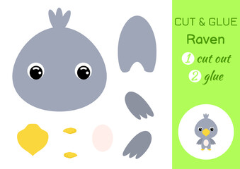 Cut and glue baby raven. Education developing worksheet. Color paper game for preschool children. Cut parts of image and glue on paper. Cartoon character. Colorful vector stock illustration.