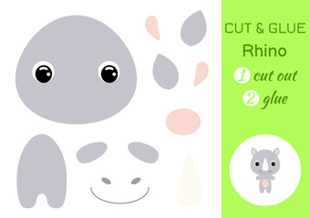 Cut and glue baby rhino. Education developing worksheet. Color paper game for preschool children. Cut parts of image and glue on paper. Cartoon character. Colorful vector stock illustration.