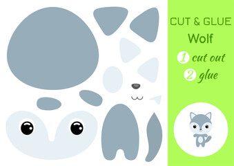 Cut and glue baby wolf. Education developing worksheet. Color paper game for preschool children. Cut parts of image and glue on paper. Cartoon character. Colorful vector stock illustration.