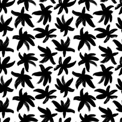 Brush black abstract flowers vector seamless pattern. Black paint ink illustration with abstract floral motif. Lily flower shape. Hand drawn painting for your fabric, wrapping paper, wallpaper