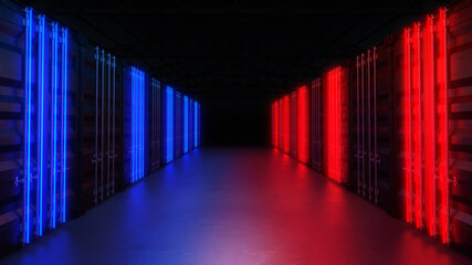 Fototapeta premium Neon light on container box background, 3D render