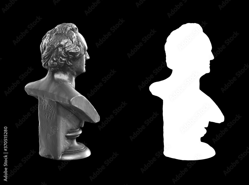 Poster a collection of black metal sculptures on a black background for your design ideas. 3d rendering of 