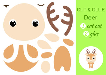 Cut and glue baby deer. Education developing worksheet. Color paper game for preschool children. Cut parts of image and glue on paper. Cartoon character. Colorful vector stock illustration.