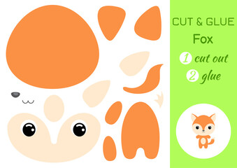 Cut and glue baby fox. Education developing worksheet. Color paper game for preschool children. Cut parts of image and glue on paper. Cartoon character. Colorful vector stock illustration.