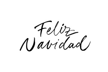 Feliz Navidad hand drawn calligraphy in Spanish. Merry Christmas black brush lettering isolated on white background. Christmas holiday quote, vector text for greeting card, banner, posters.