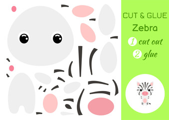 Cut and glue baby zebra. Education developing worksheet. Color paper game for preschool children. Cut parts of image and glue on paper. Cartoon character. Colorful vector stock illustration.