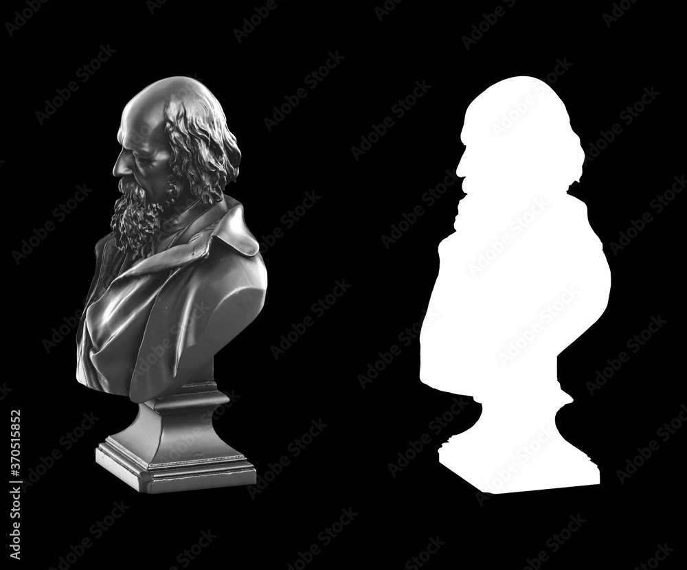 Poster a collection of black metal sculptures on a black background for your design ideas. 3d rendering of 