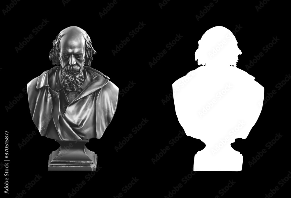 Poster a collection of black metal sculptures on a black background for your design ideas. 3d rendering of 