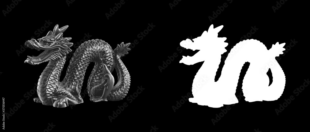 Poster a collection of black metal sculptures on a black background for your design ideas. 3d rendering of 