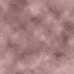 Winter foil. Snowflakes seamless pattern. Marble gold rose. Pink metallic background. Golden roses glitter texture. Falling scatter irregular snowflakes. Random snow backdrop for design prints. Vector