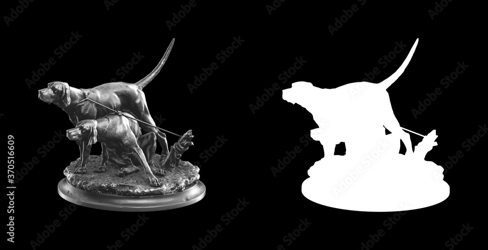 Poster a collection of black metal sculptures on a black background for your design ideas. 3d rendering of 