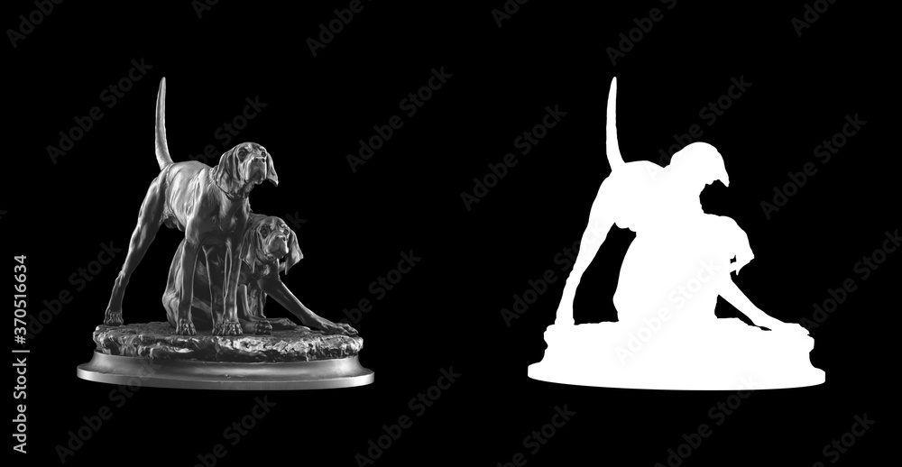 Poster a collection of black metal sculptures on a black background for your design ideas. 3d rendering of 