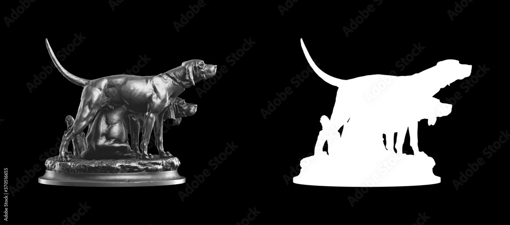 Poster a collection of black metal sculptures on a black background for your design ideas. 3d rendering of 
