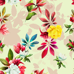 Seamless floral background pattern. Abstract flowers, peony and leaves on yellow. Pattern for textile, fabric and other prints purpose. Hand drawn vector - stock.