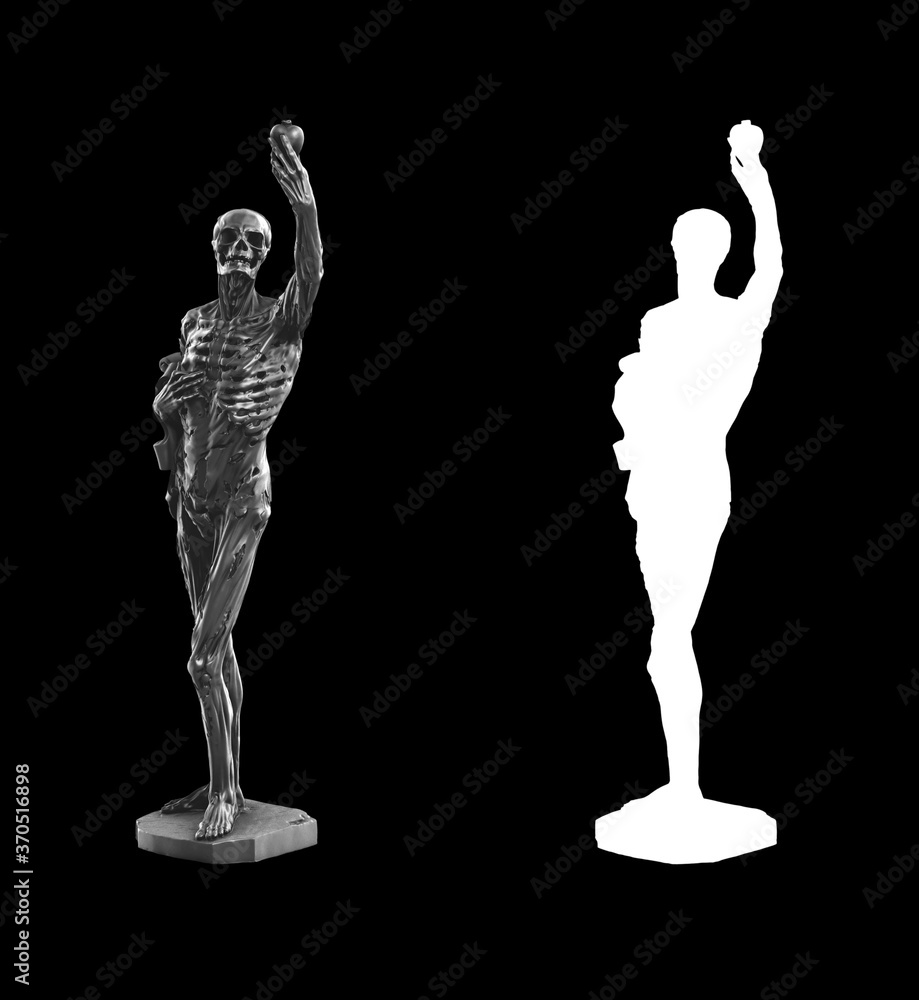 Poster a collection of black metal sculptures on a black background for your design ideas. 3d rendering of 