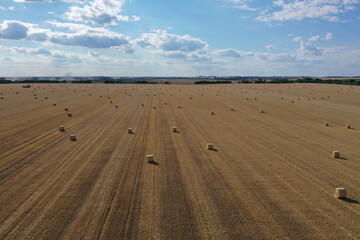 Agricultural field made of yellow round round big bales after harvest, straw rolls, straw bales in the agricultural field. Hay collection in the summer field. Drone photo in Úri, Hungary - 03/07/2020