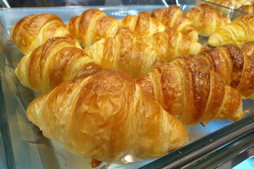 Close up freshly baked butter croissants on a tray in a pastry shop