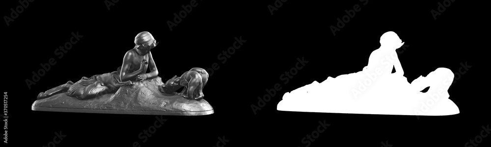Poster a collection of black metal sculptures on a black background for your design ideas. 3d rendering of 