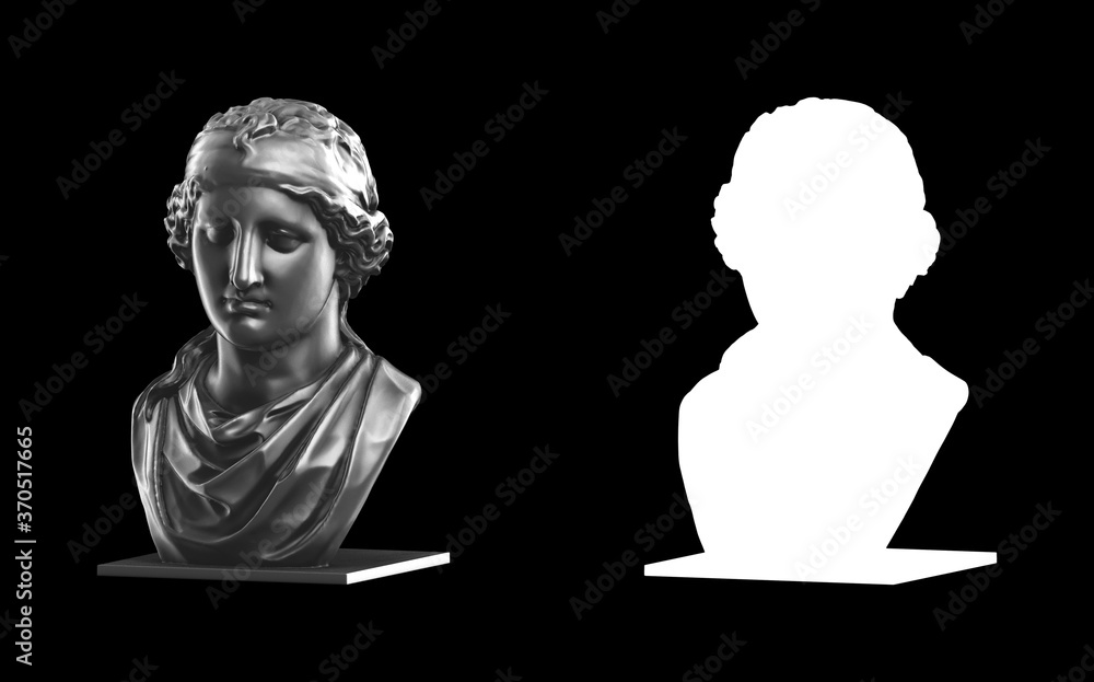 Poster a collection of black metal sculptures on a black background for your design ideas. 3d rendering of 