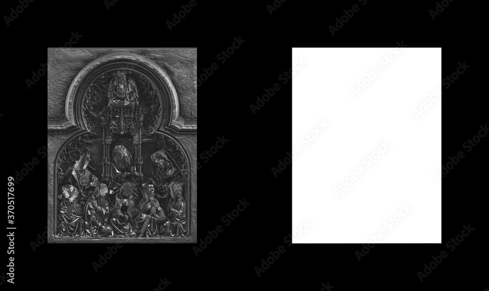 Poster a collection of black metal sculptures on a black background for your design ideas. 3d rendering of 