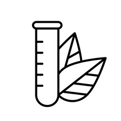 Laboratory glass with leaves in background. Line art logo of chemical research. Black illustration of medical analysis, ecology, agriculture. Contour isolated vector. Organic tube icon