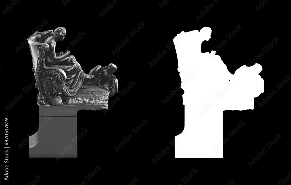 Poster a collection of black metal sculptures on a black background for your design ideas. 3d rendering of 