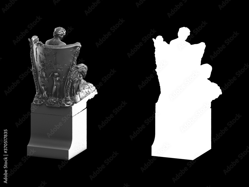 Poster a collection of black metal sculptures on a black background for your design ideas. 3d rendering of 